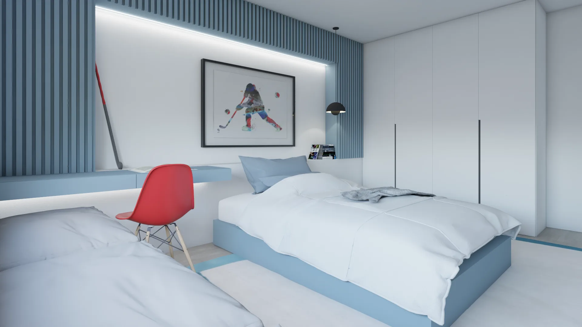 Boys bedroom with built-in white wardrobe, framed hockey art, and dusty-blue slat wall