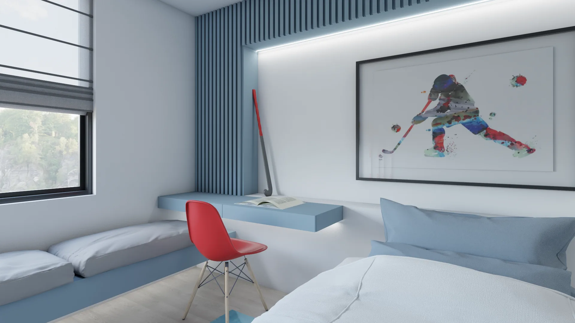 Floating blue desk with red Eames chair against dusty-blue slat wall and recessed LED cove