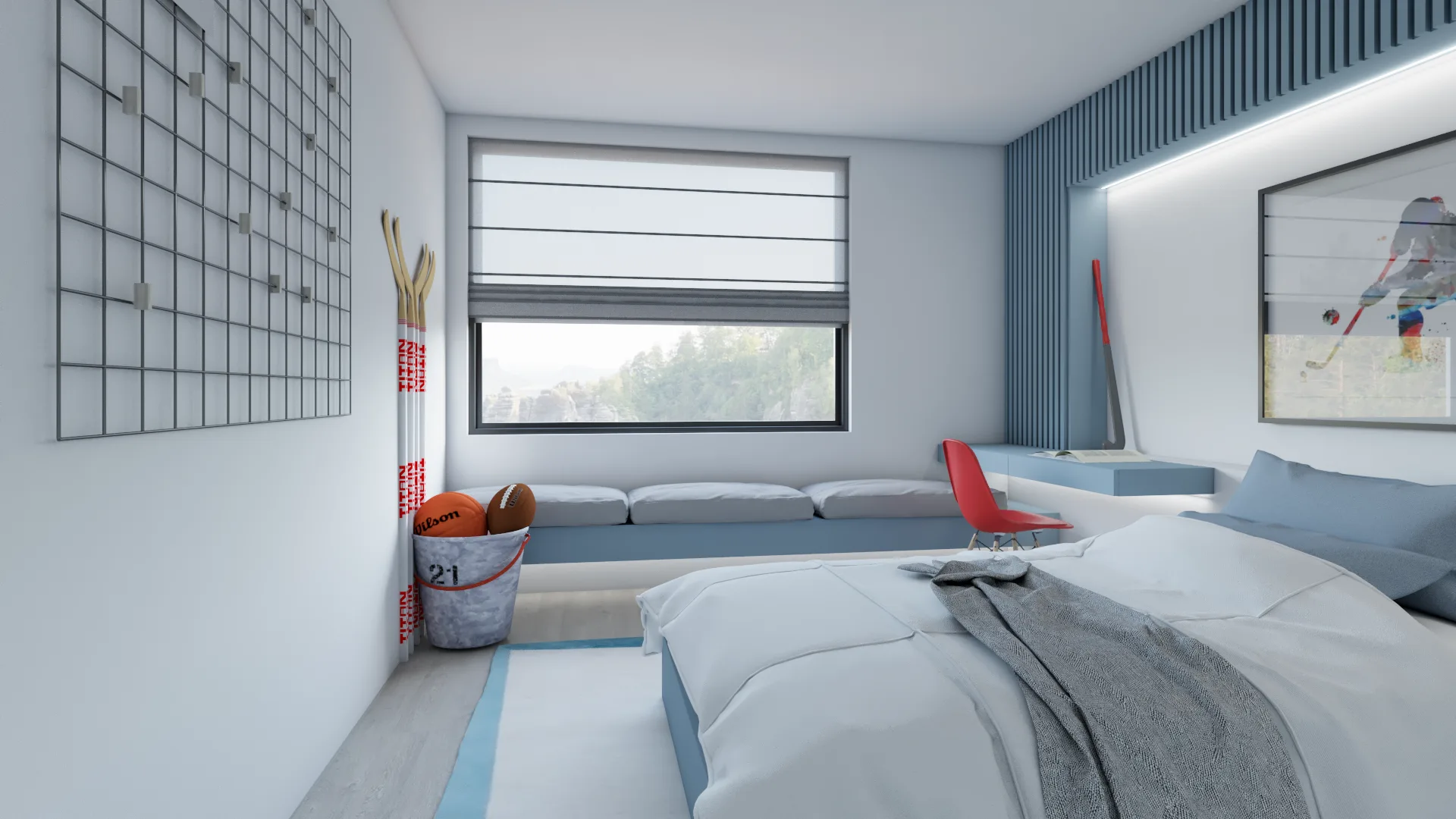 White wire grid display wall with hooks beside window banquette and basketball bucket