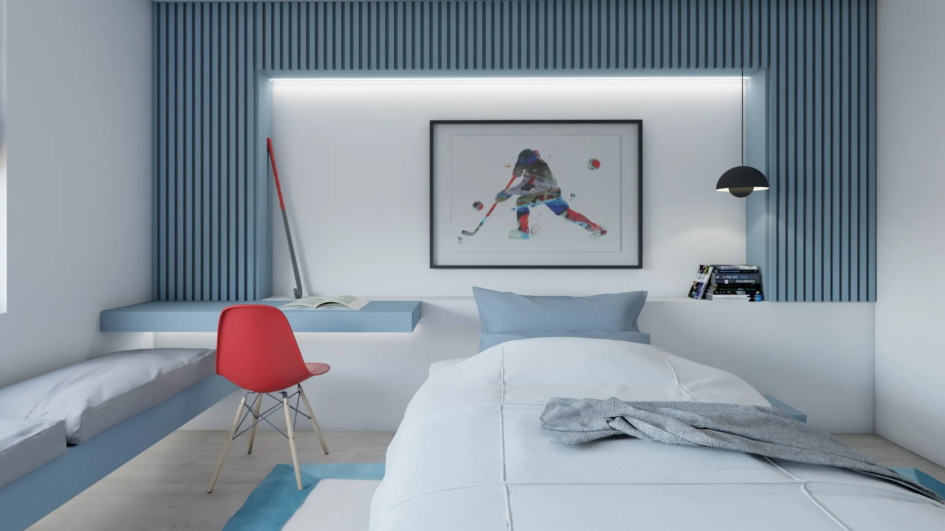 Framed watercolor hockey player art on dusty-blue slat wall above floating desk and red Eames chair