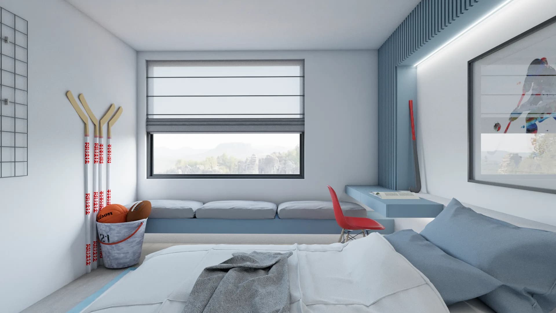 Boys bedroom with window banquette, basketball bucket, and hockey sticks beside platform bed