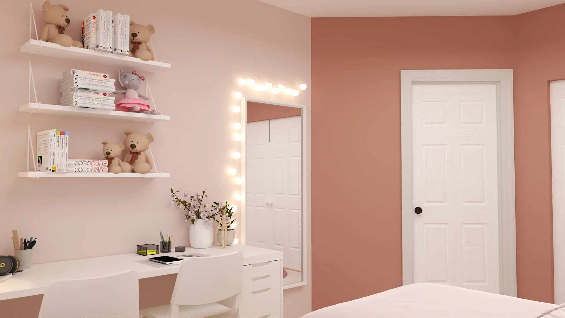Girls bedroom corner with blush walls, white floating shelves, white desk, Hollywood vanity mirror, and terracotta accent