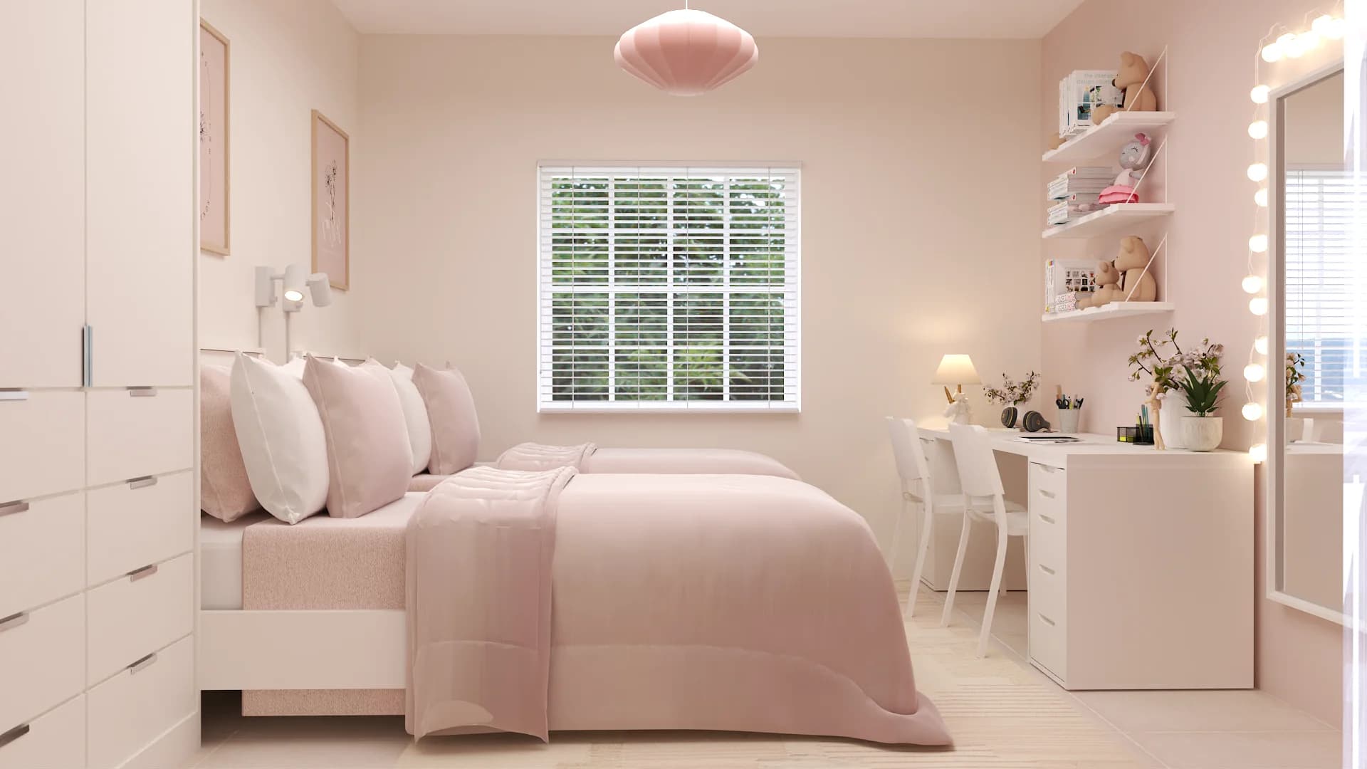 Blush pink girls bedroom with white wardrobe, pink oval pendant light, study desk, and Hollywood vanity mirror