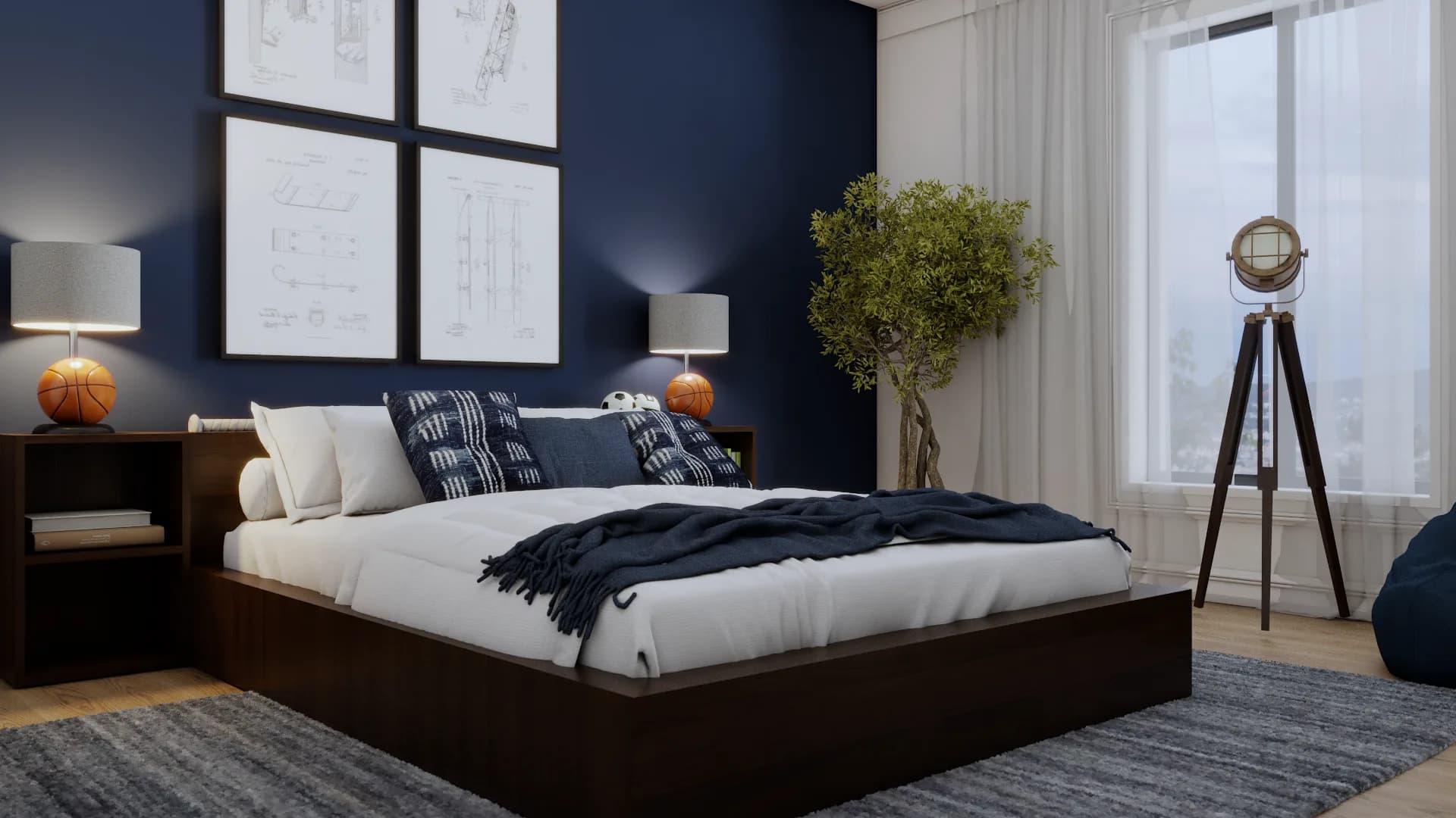Close view of walnut platform bed with navy throw blanket, blueprint art wall, and tripod lamp