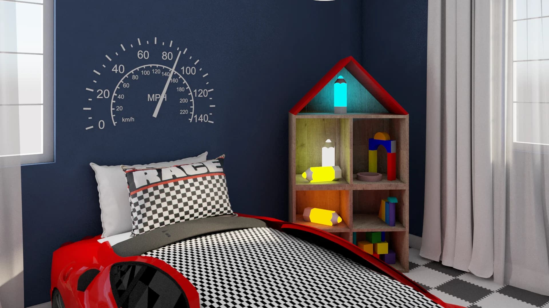 Side view of navy boys bedroom showing red race car bed, white speedometer wall decal, house-shaped toy shelf, and black-and-white checkered foam floor tiles