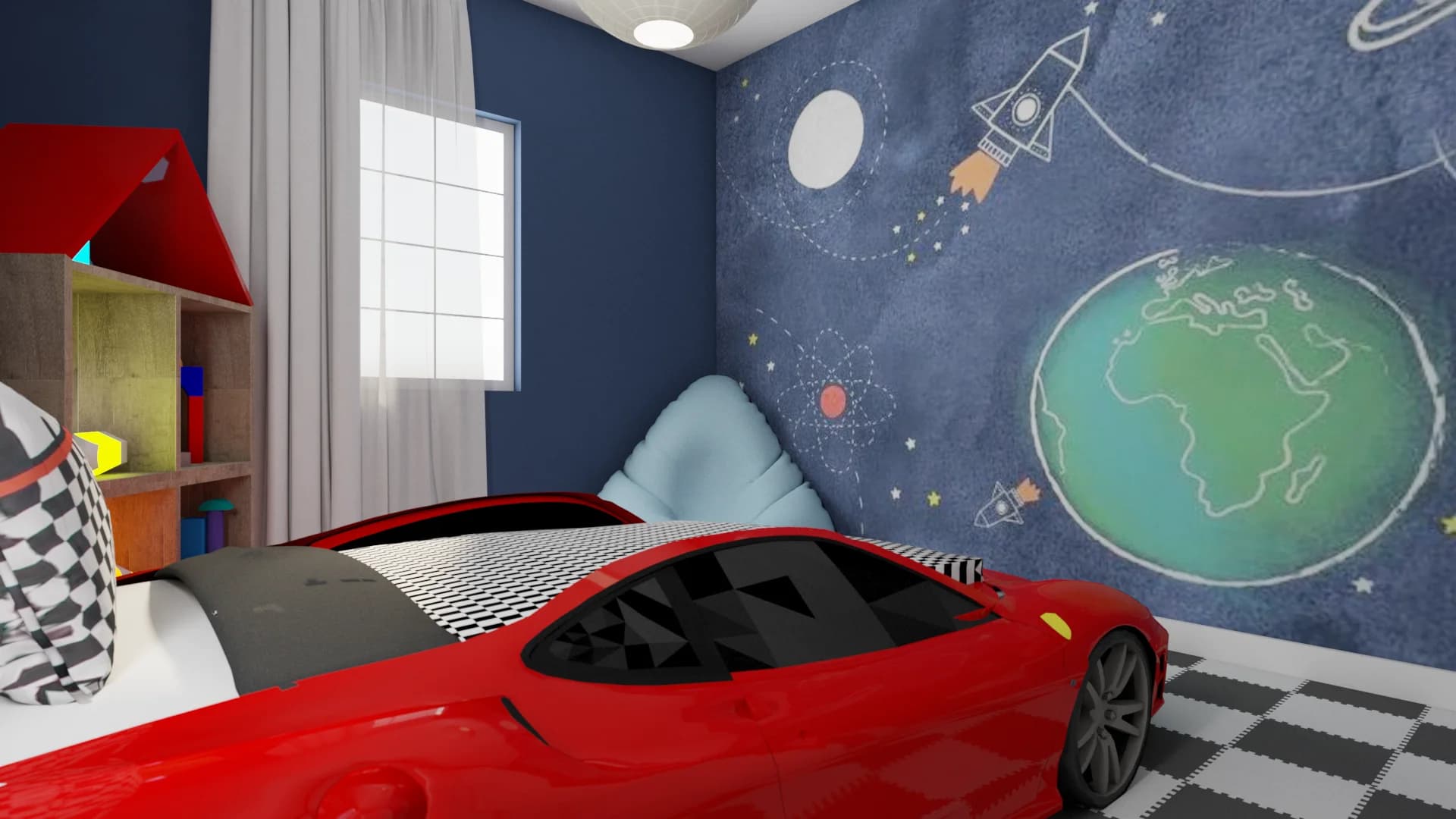 Angled view of boys bedroom showing full-wall space mural with rocket and Earth, red race car bed front, light blue bean bag, and house-shaped toy shelf