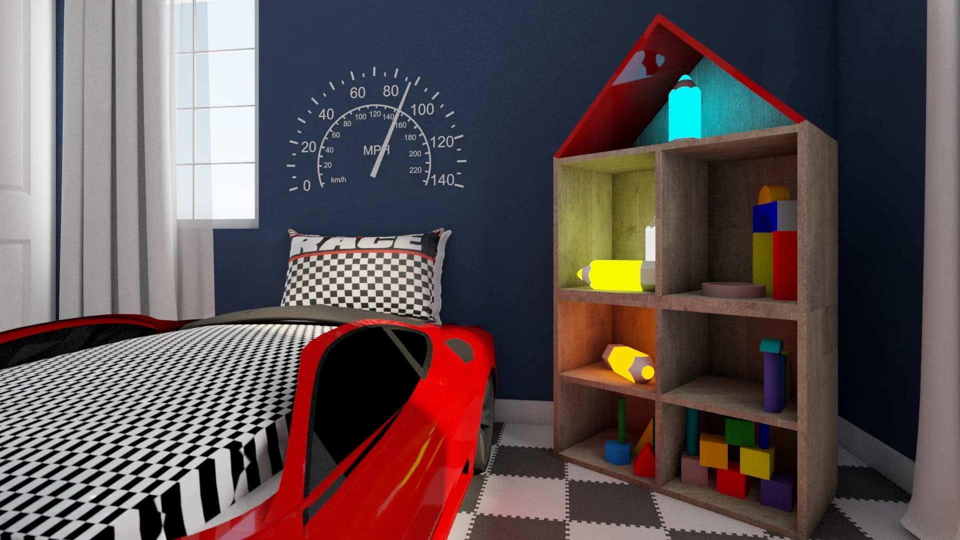 Close-up of navy boys room with white speedometer wall decal, red race car bed corner, checkered bedding, and house-shaped wood toy shelf with colorful blocks