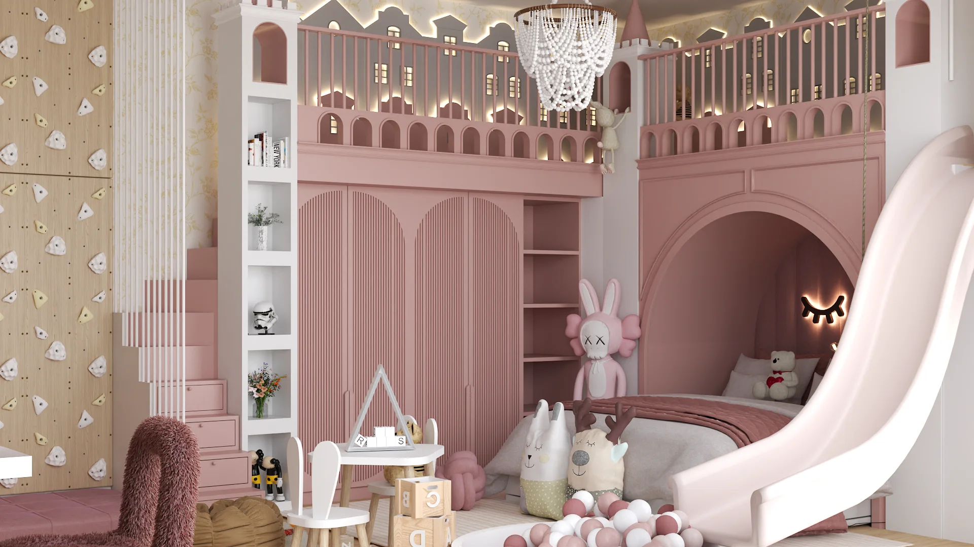 Castle loft with turrets, macrame chandelier, white slide, ball pit, and pink fuzzy chair