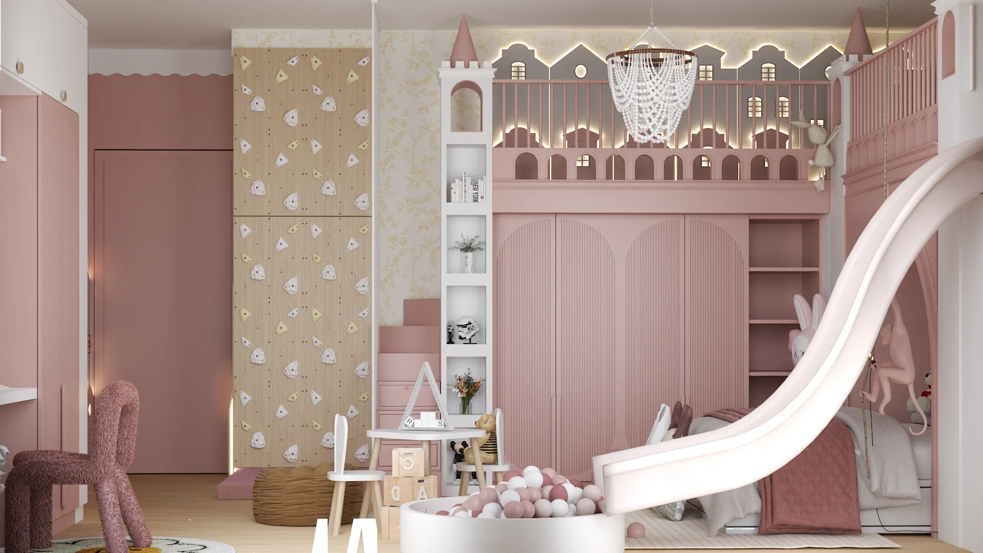 Wide view of castle loft, slide, floral wallpaper wardrobe wall, pink wardrobes, and play table
