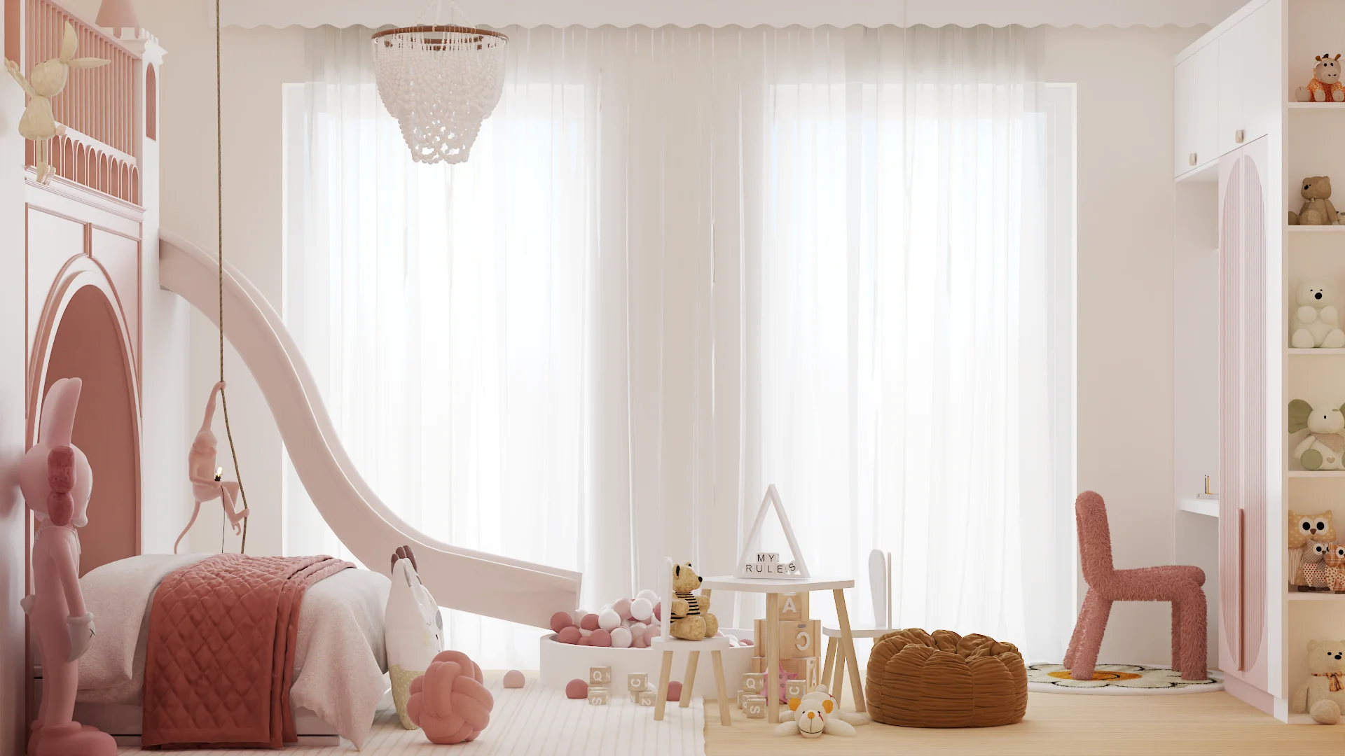Window wall with sheer curtains, slide end, house-shaped toy shelf, and pink teddy bear chair