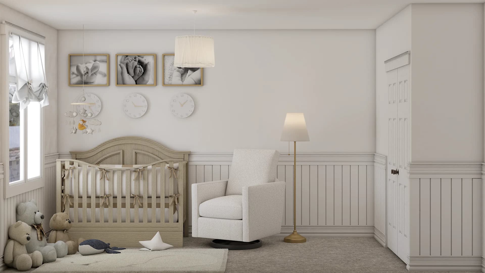 Cream beadboard nursery with oak crib, white glider chair, framed rose prints, and drum pendant