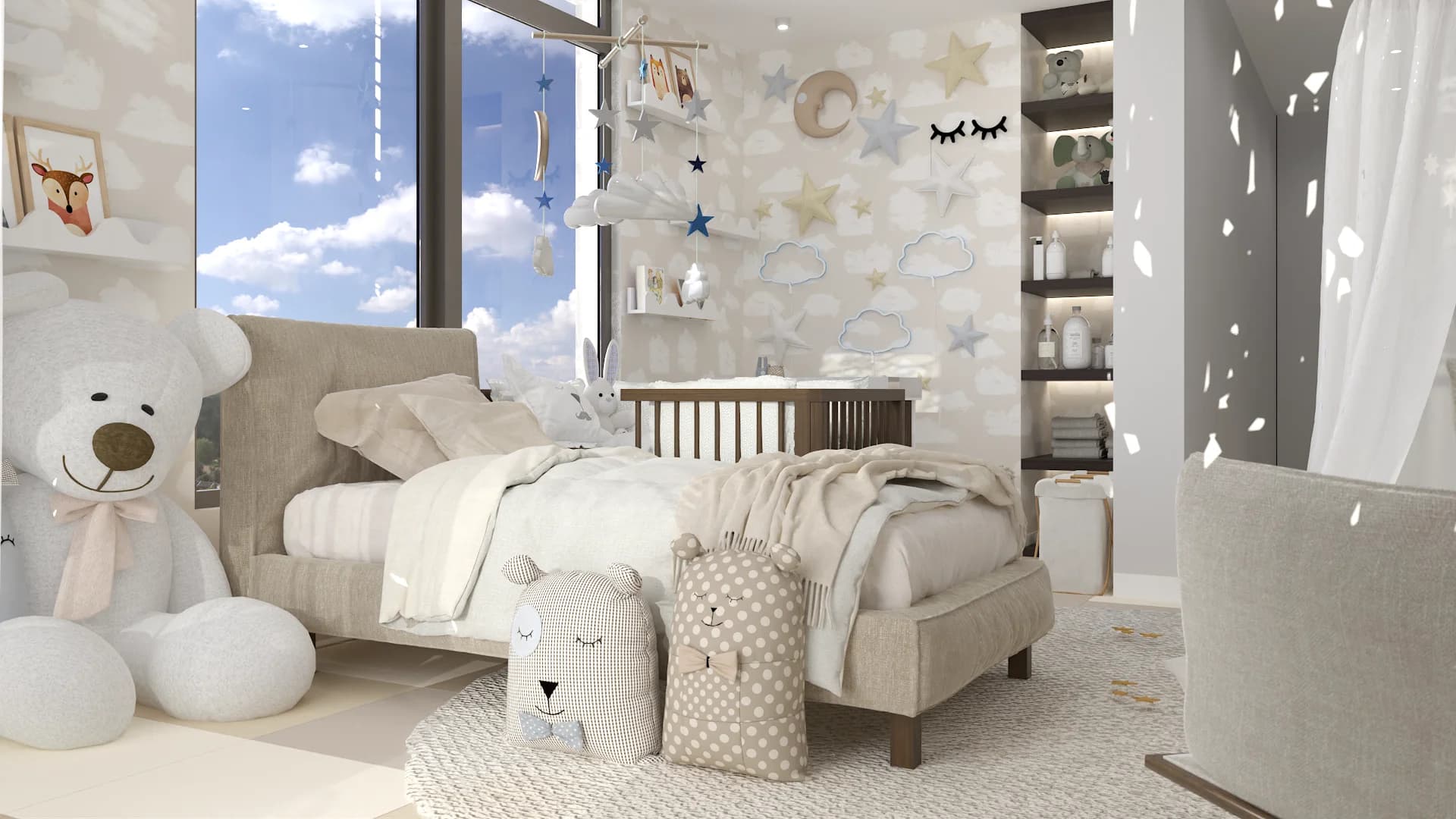 Beige upholstered bed with cloud star wallpaper, star mobile, and giant teddy bear