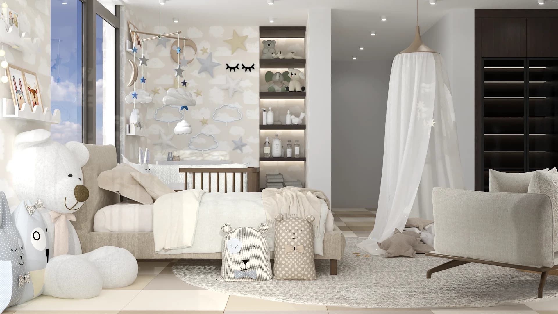 Kids bedroom with cloud star wallpaper, white canopy, and built-in shelving
