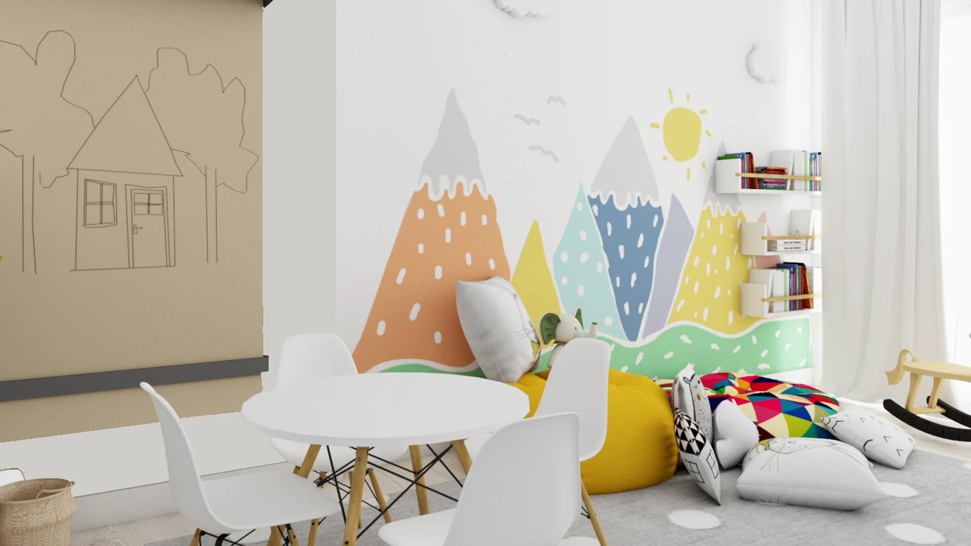 Mini Eames table and craft paper roll beside mountain mural and yellow bean bag corner