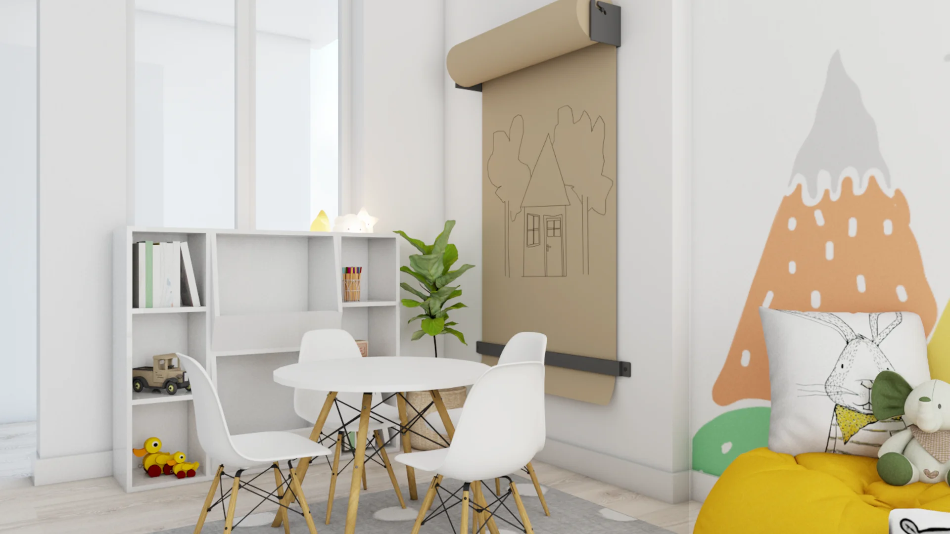 Mini white Eames table with chairs, wall-mounted craft paper roll, white cubby bookshelf with toys