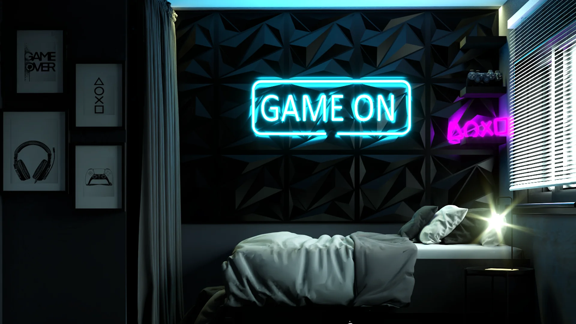 Gaming bedroom with cyan neon sign, 3D geometric black wall panels, and framed gaming art on dark walls