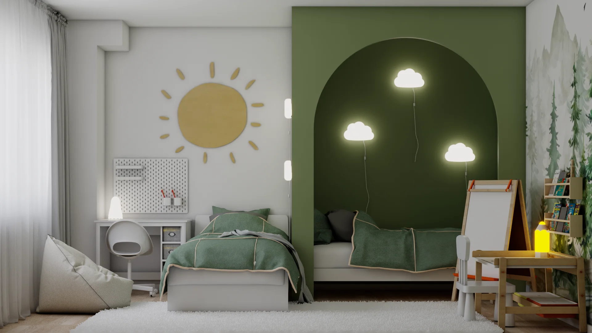 Kids room with sage green arch nook, cloud wall sconces, watercolor forest mural, golden sun decal, birch wardrobes, low bed with green bedding, and art easel, designed by Debora Interiors.
