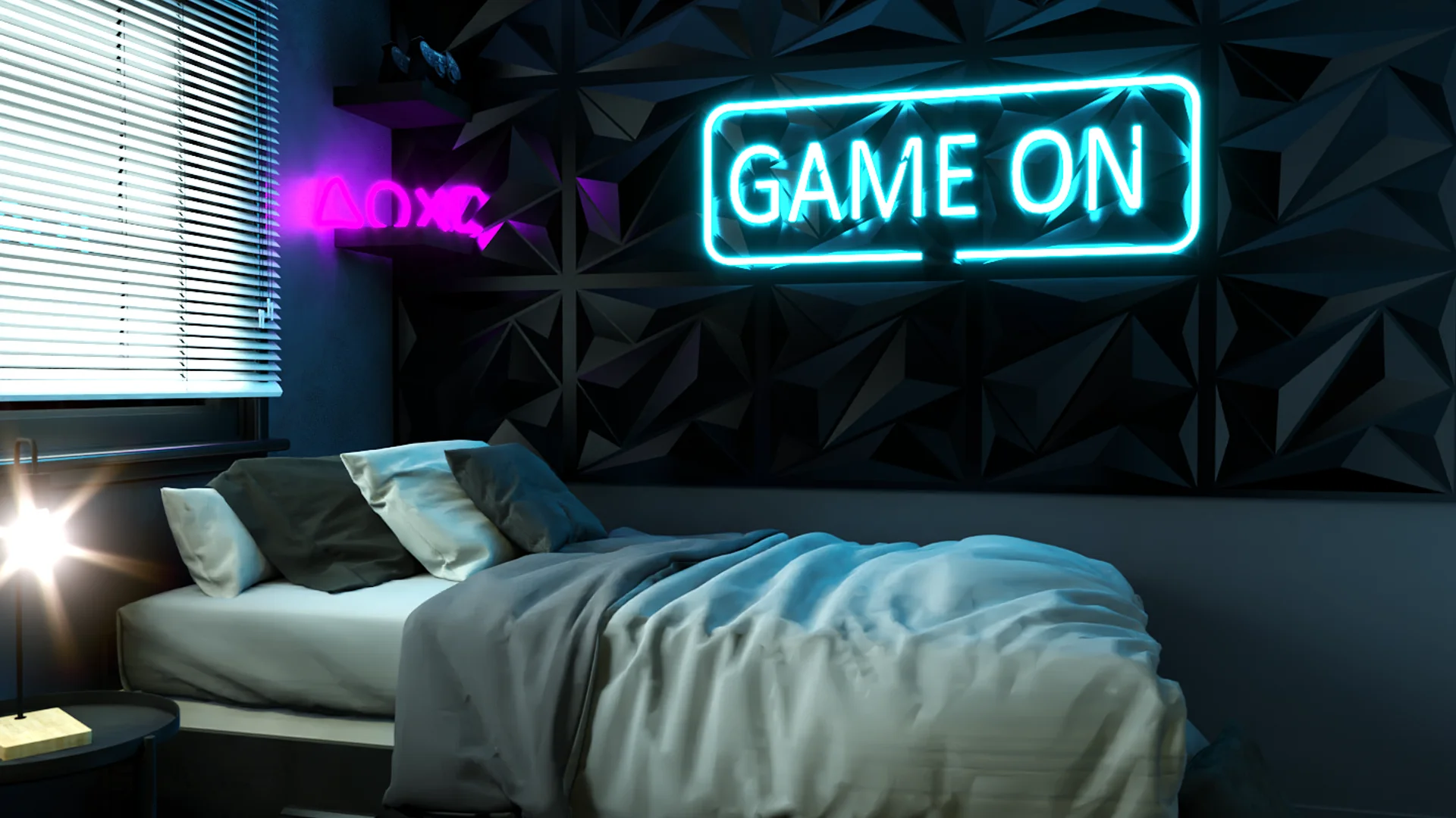 Bed with cyan GAME ON neon sign and magenta PlayStation neon on 3D black panels