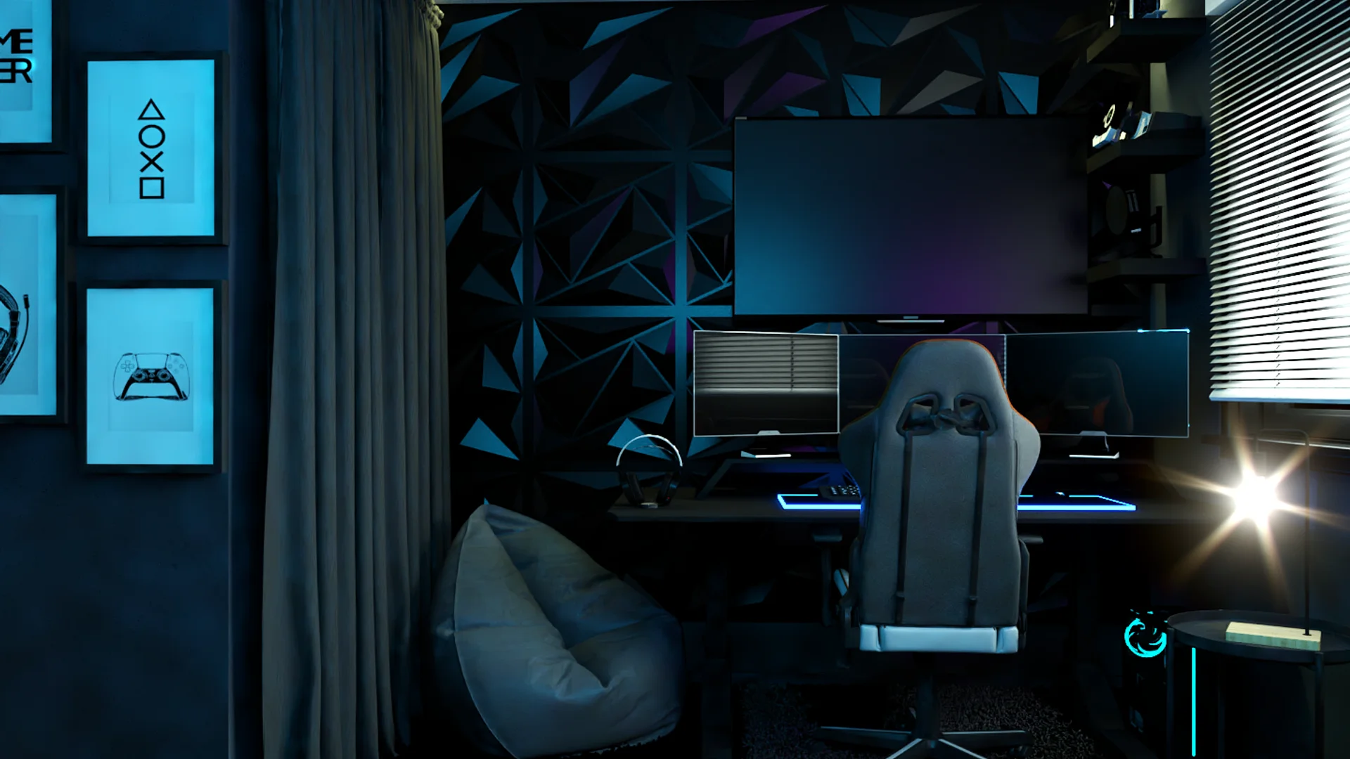 Gaming desk with dual monitors, white gaming chair, bean bag, and PlayStation wall art