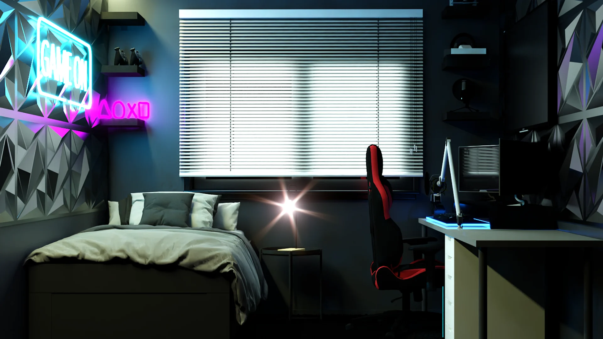 Full gaming bedroom showing bed, desk, dual neon signs, and 3D wall panels