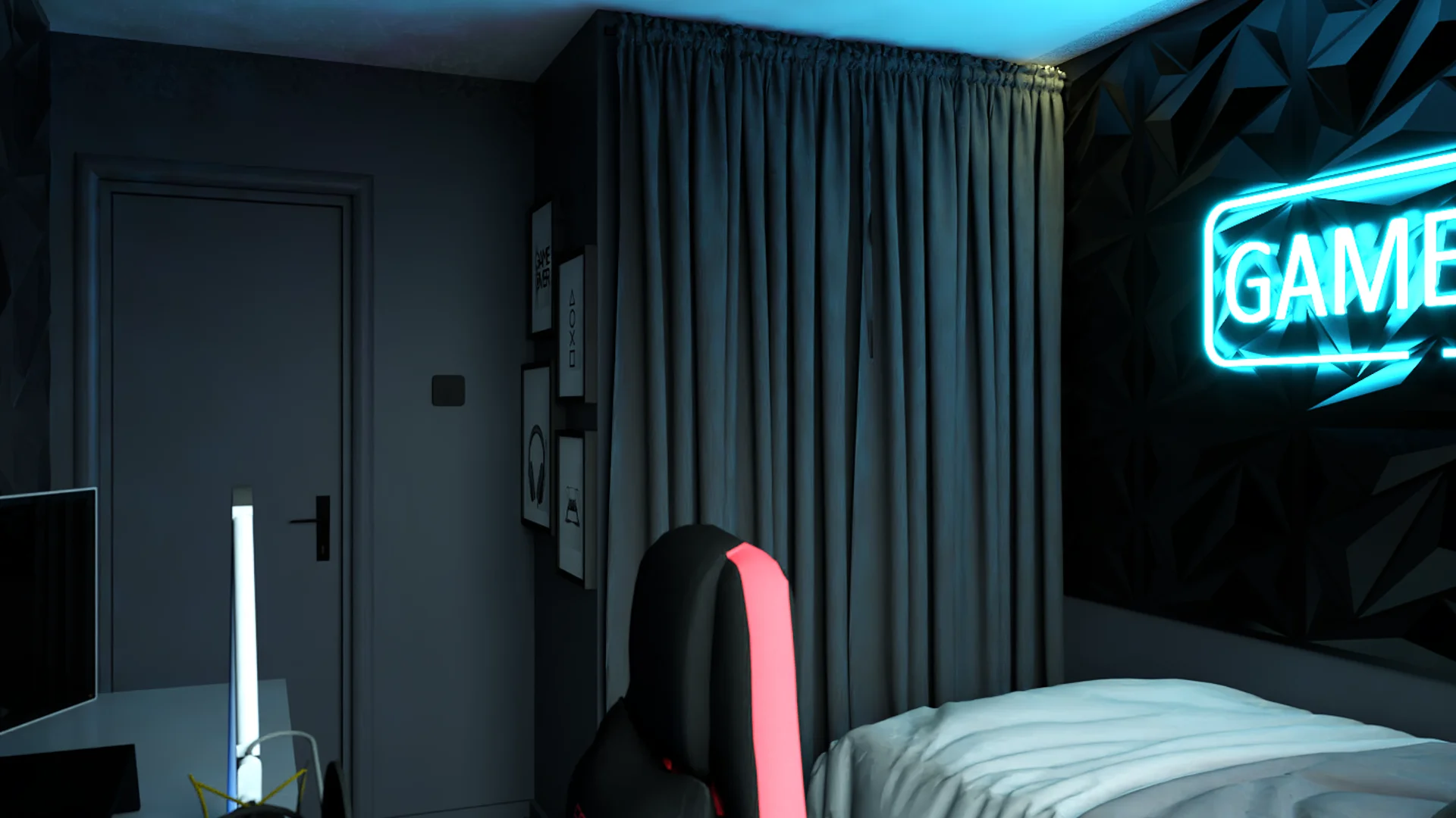 Corner view with neon GAME sign, pink gaming chair, white bed, and LED lighting
