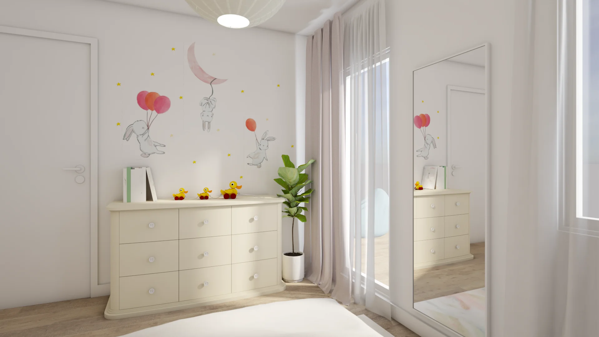 Girls bedroom dresser wall with bunny and balloon wall decals, cream nine-drawer dresser, full-length mirror, and sheer pink curtains on light wood floors.