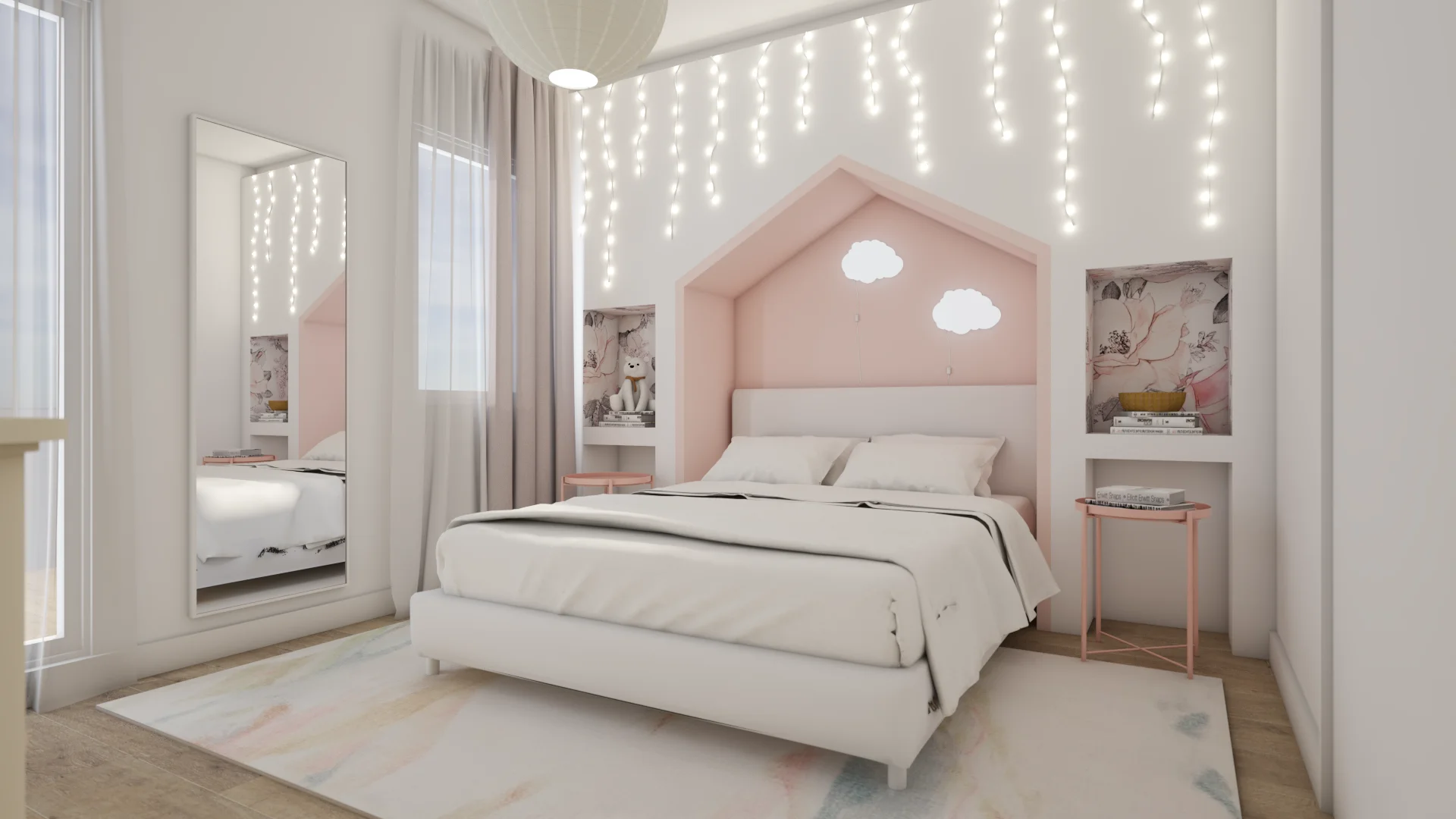Girls bedroom with a pink house-shaped headboard, fairy lights draped across the wall, white cloud night lights, and a full-length mirror on light wood floors, designed by Debora Interiors.