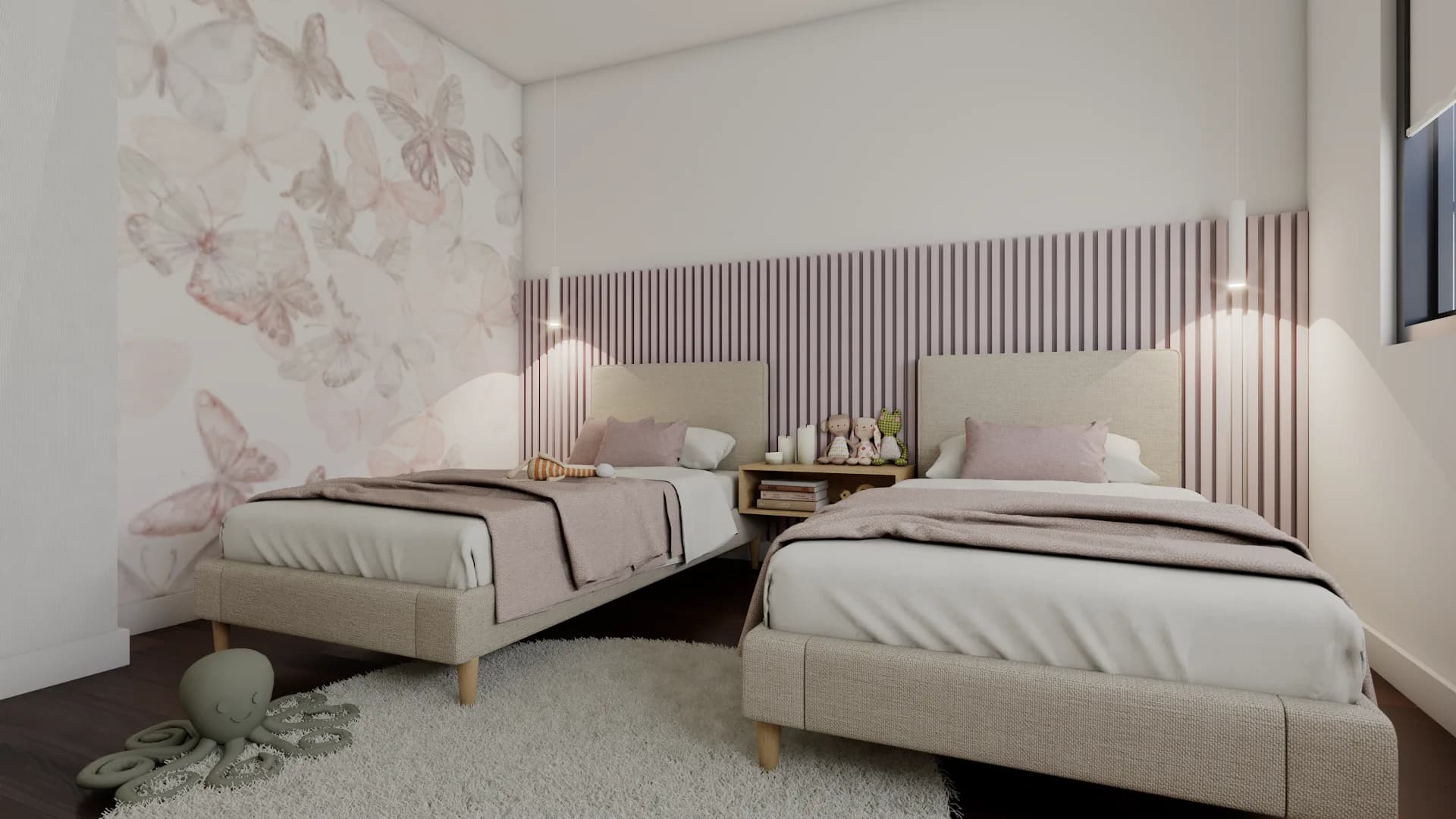 Girls shared bedroom with two linen twin beds, pink watercolor butterfly wallpaper mural, and mauve vertical slat headbo