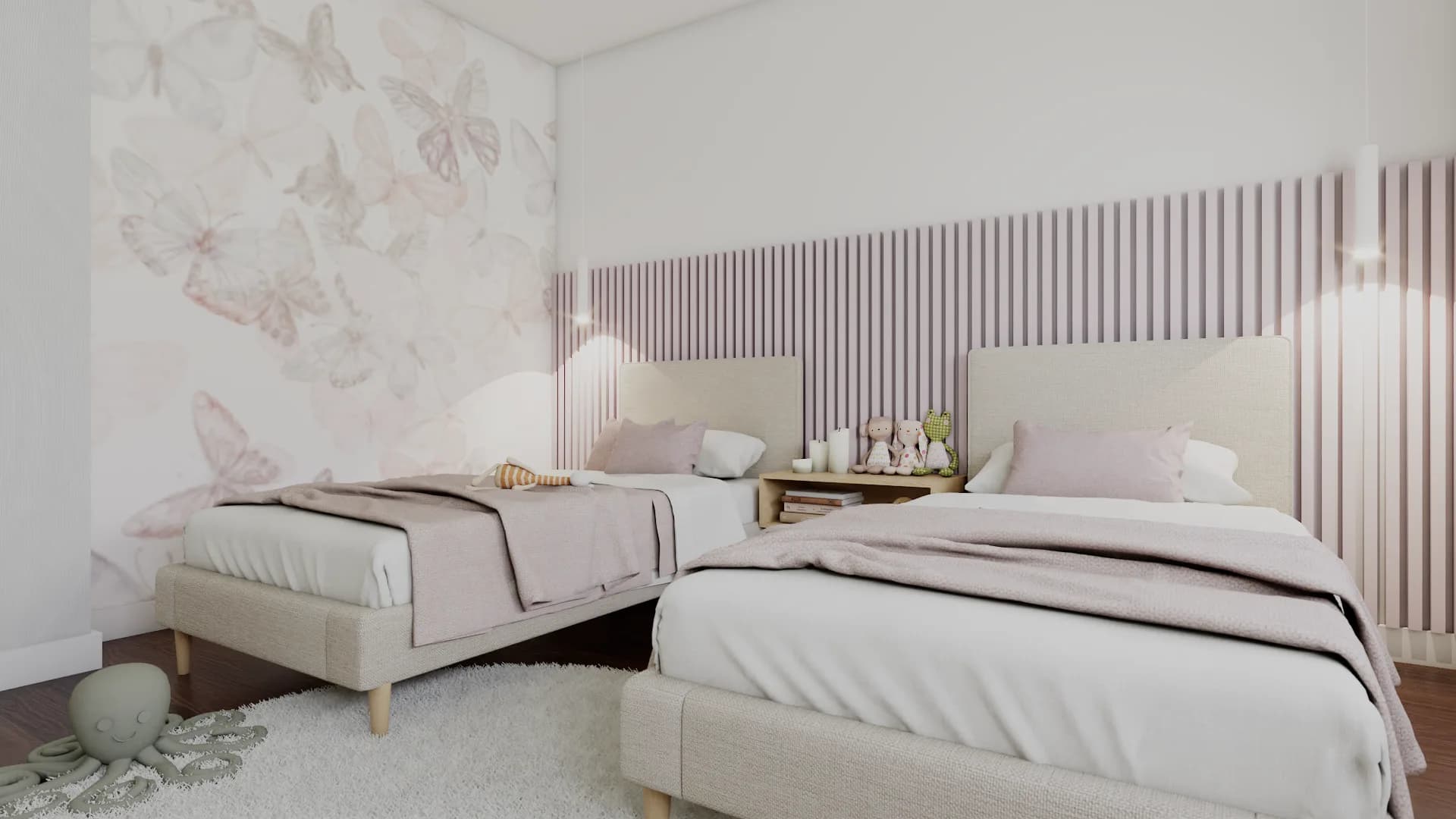 Wide angle of girls shared bedroom showing butterfly mural wall and pink slat accent wall behind bot