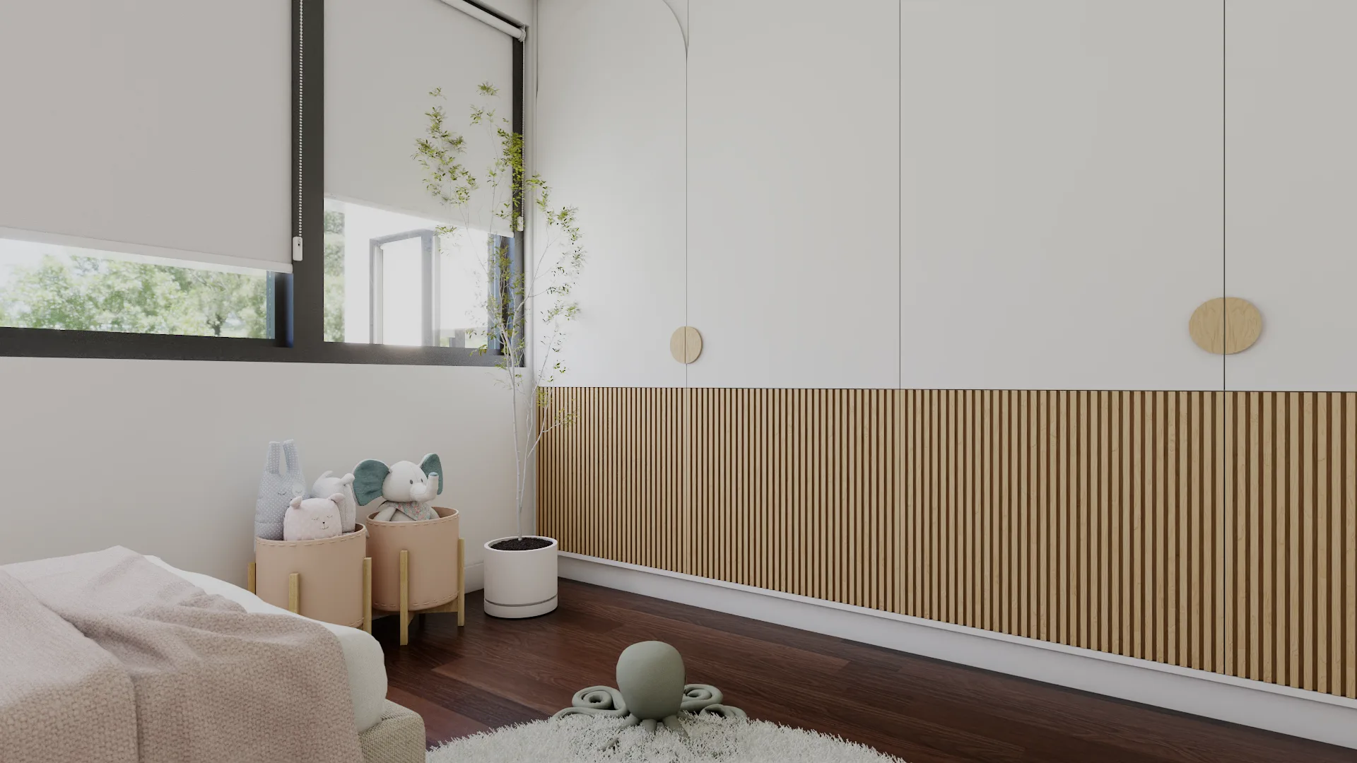 Corner view of white arch-door cabinetry with oak slat lower panel, window with roller blind, and sh