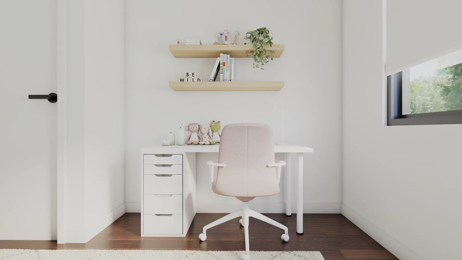 Study nook with white desk, pedestal drawers, blush pink task chair, and two floating oak shelves wi