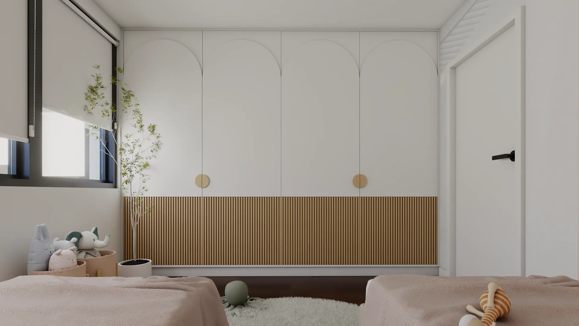 White arch-door wardrobe wall with oak slat lower panel and round brass knobs, twin beds with blush