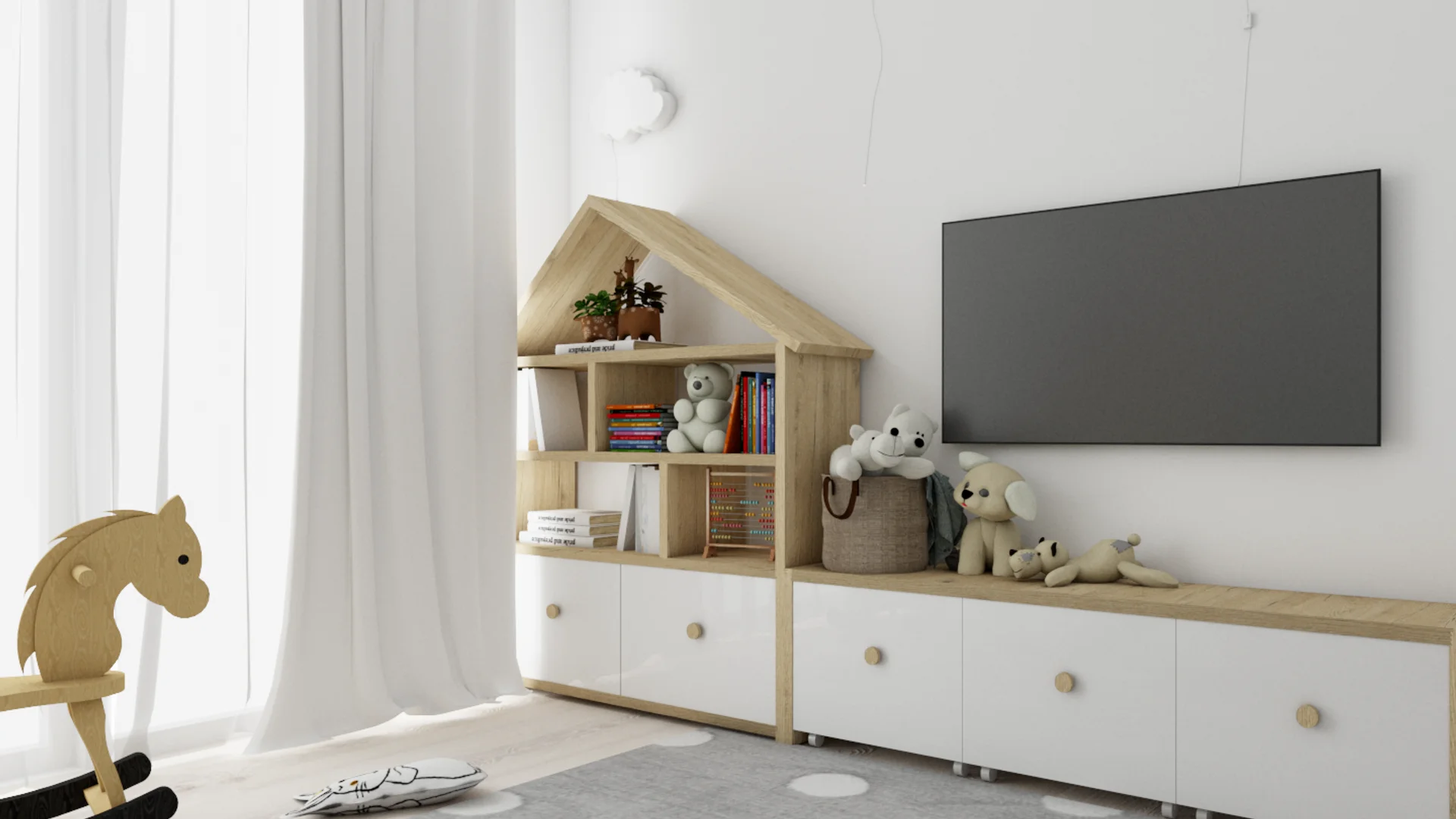 House-shaped wooden bookshelf above TV console with rocking horse and polka dot rug
