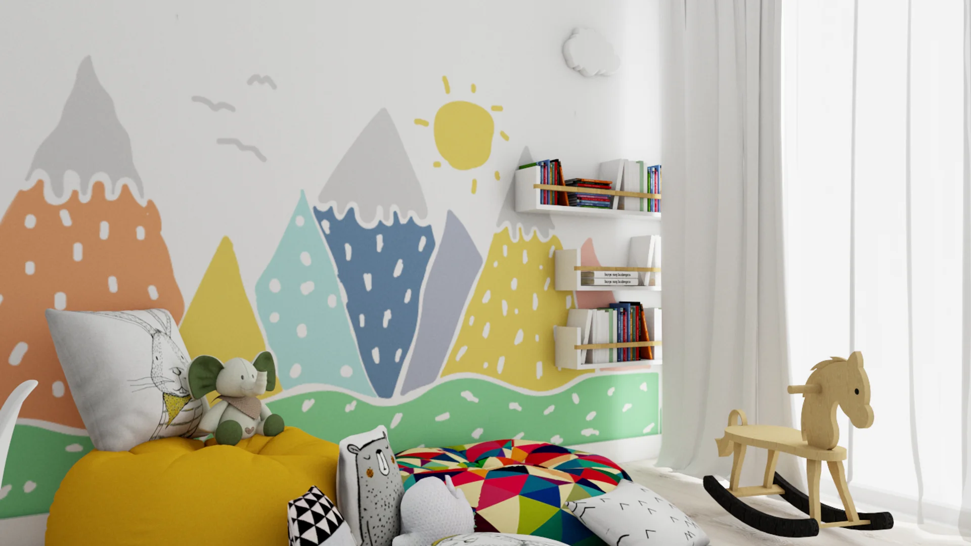 Mountain mural corner with yellow bean bag, floating bookshelves, and wooden rocking horse