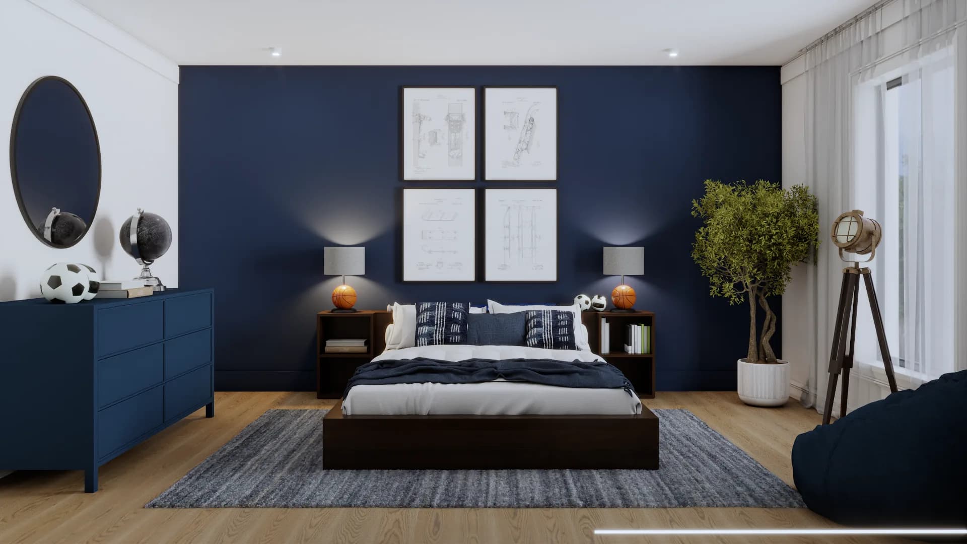Boy's bedroom with navy accent wall, dark walnut platform bed, blueprint art grid, and tripod spotlight lamp