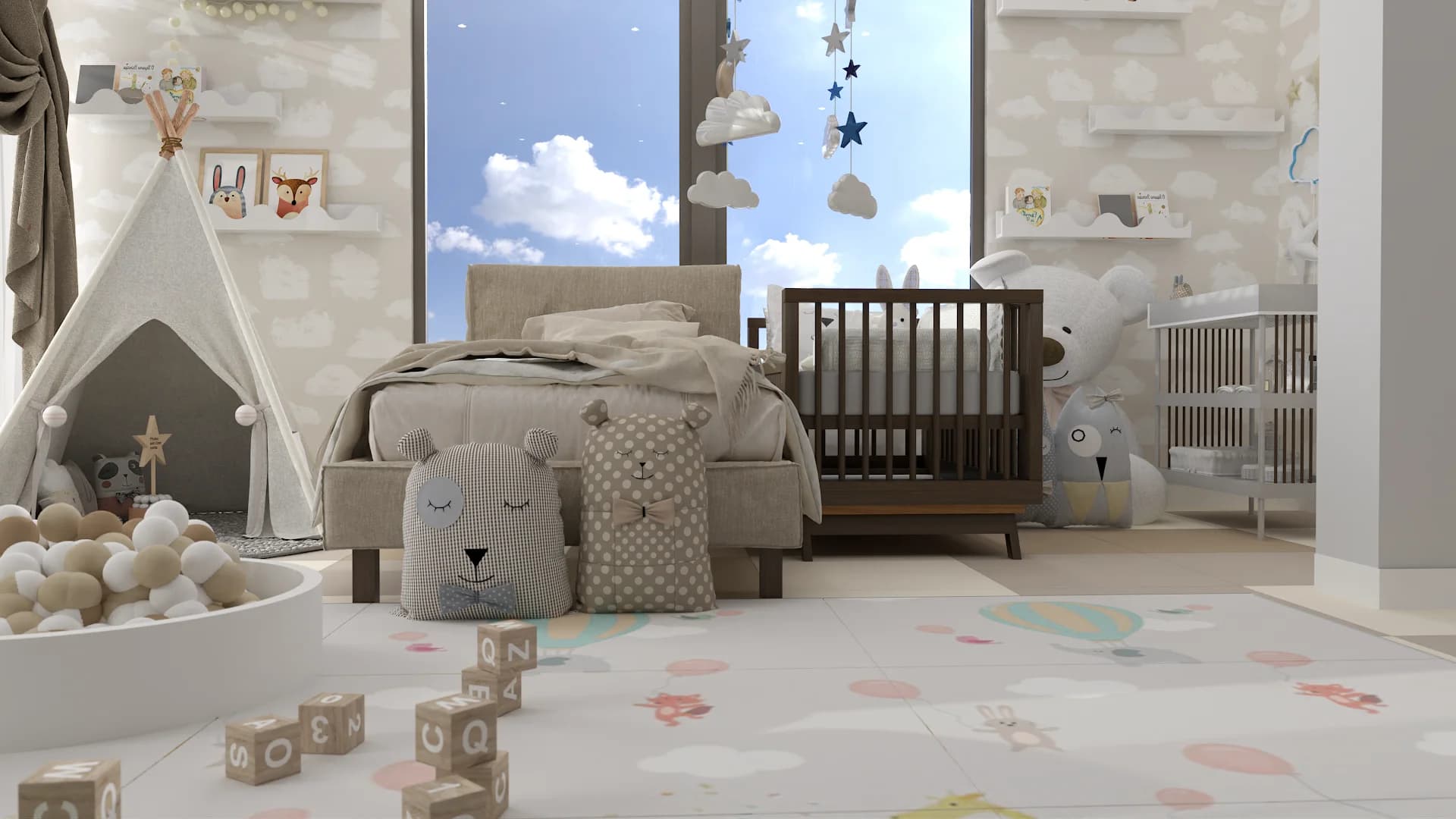 Neutral nursery with teepee, walnut crib, bear pillows, and hanging cloud mobile