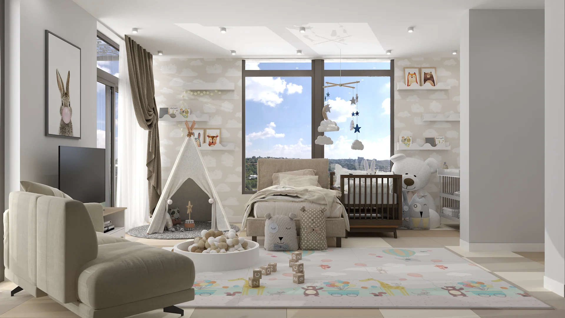 Neutral nursery with white teepee, ball pit, playmat, and floor-to-ceiling windows