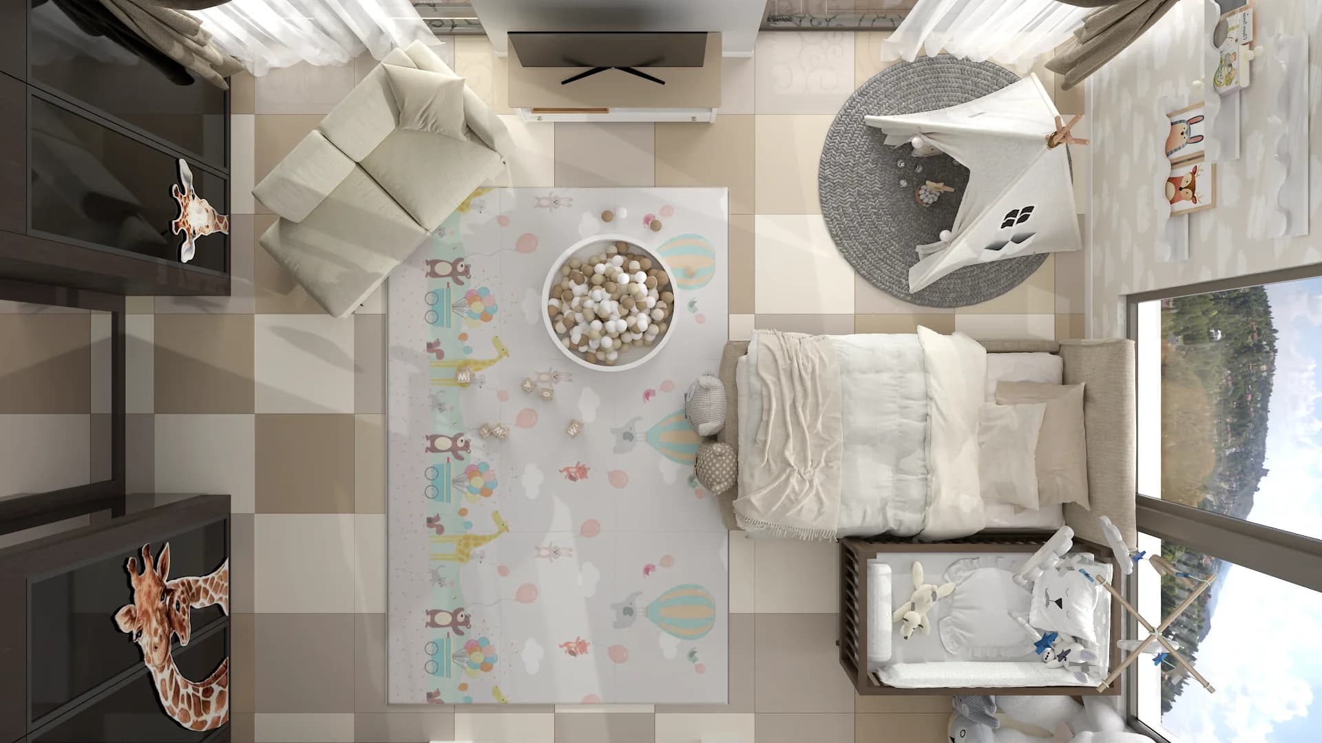 Bird's eye view of nursery with play mat, ball pit, teepee tent and crib