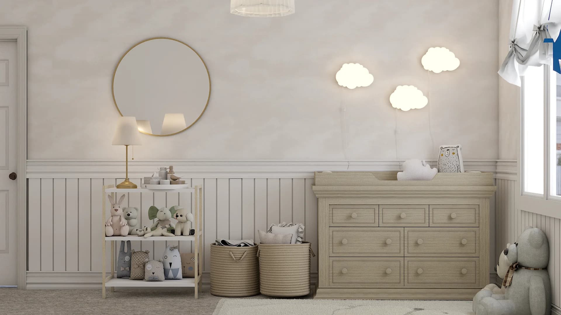 Nursery changing area with cloud wall lamps, oak dresser, and round mirror