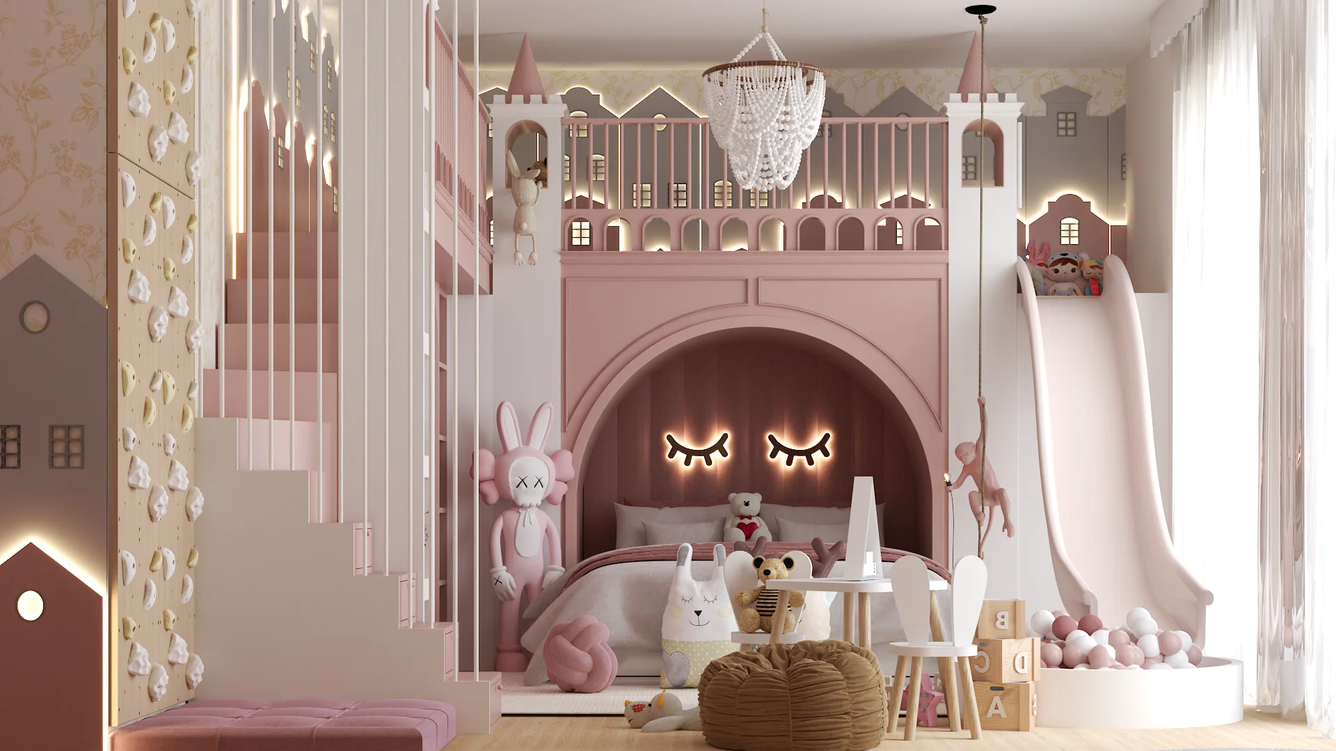 Girls bedroom with pink castle loft bed, built-in slide, macrame chandelier, and bunny wall sconces in dusty rose and cream
