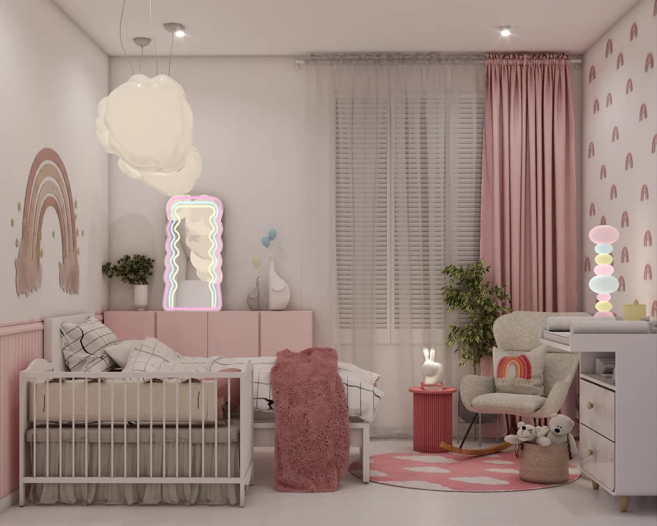 Shared kids bedroom with white crib and twin bed, cloud pendant chandeliers, neon wavy mirror, and pink wainscoting