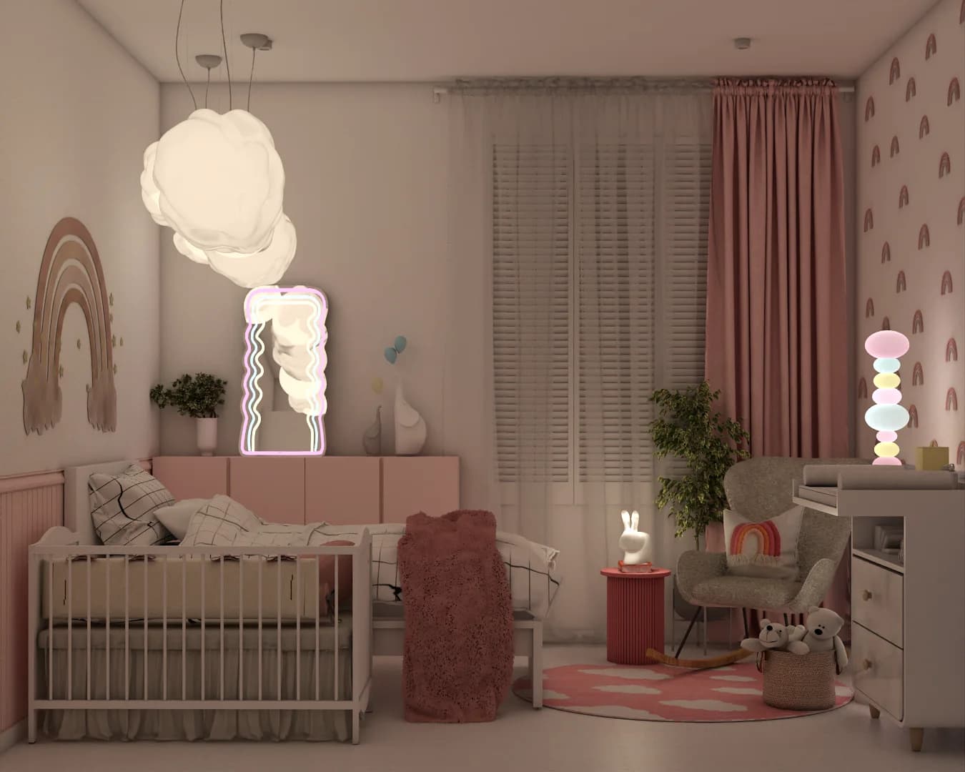 Evening wide view of shared kids bedroom with cloud chandeliers, neon mirror, white crib, twin bed, pink wainscoting, and pastel rainbow wallpaper