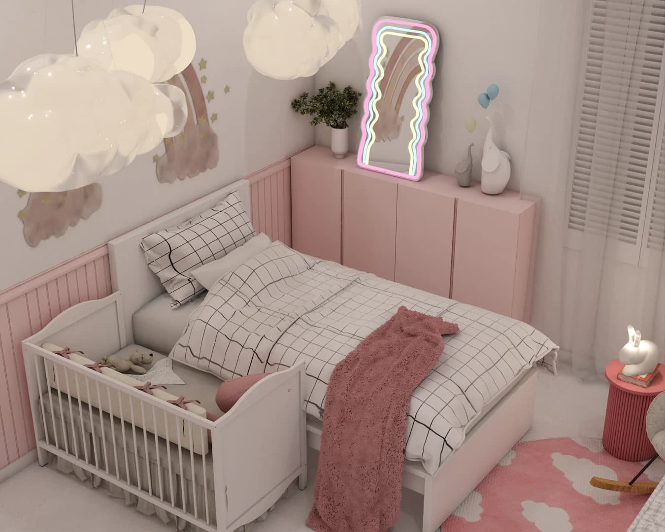 Overhead angle of shared sibling bedroom showing twin bed with grid bedding, white crib, cloud chandeliers, and neon wavy mirror above pink dresser