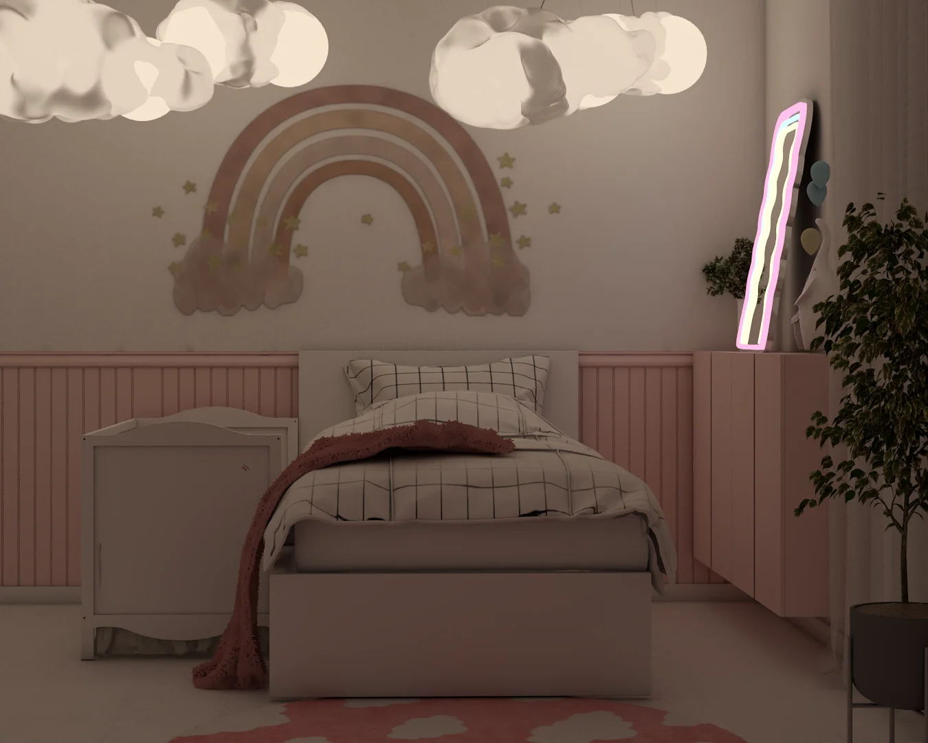 Front view of twin bed with large painted boho rainbow mural on wall, dual cloud cluster chandeliers overhead, and pink wainscoting below