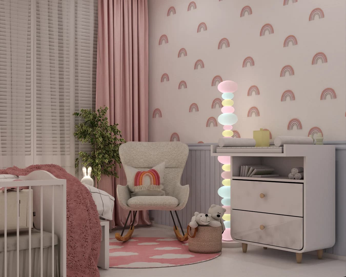 Daytime view of gray boucle rocker and white changing dresser with pastel sphere lamp beside rainbow-pattern wallpaper and pink curtains