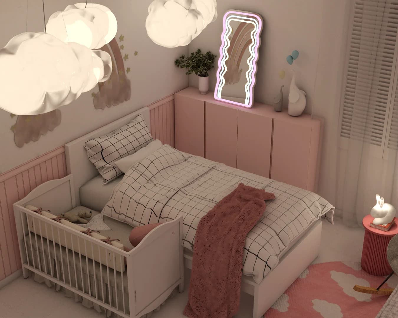 Warm-toned overhead view of twin bed and crib zone with cloud pendants, neon mirror, pink wainscoting, and blush cloud rug
