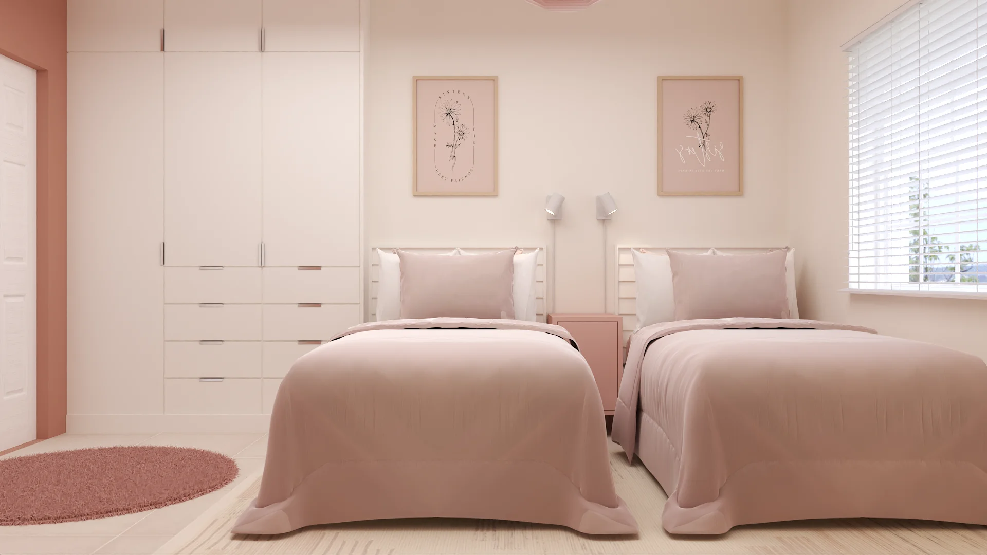 Shared girls bedroom with two dusty rose twin beds, white built-in wardrobe, and botanical prints