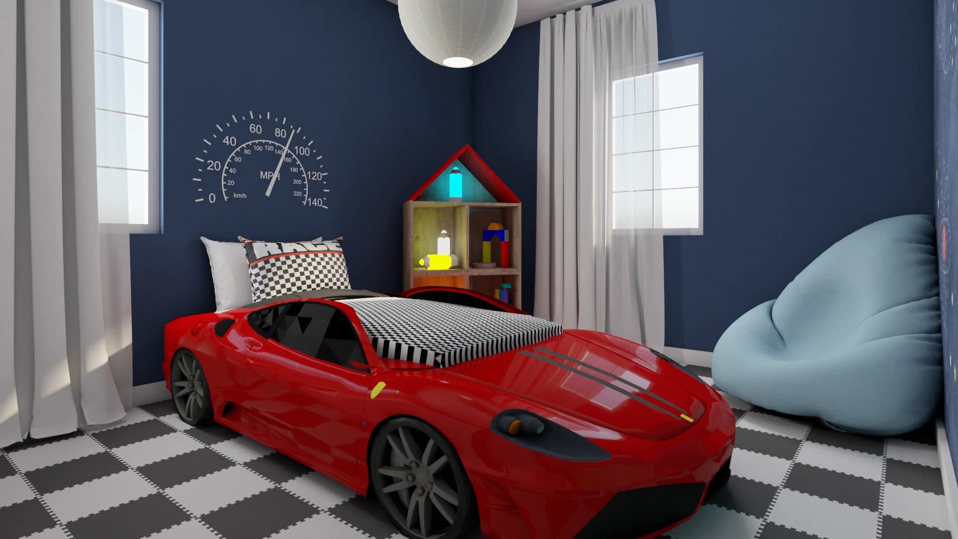 Wide-angle view of a navy blue boys bedroom with a red race car bed, black-and-white checkered foam floor, space mural wall with rockets and planets, house-shaped toy shelf, and light blue bean bag chair, designed by Debora Interiors.