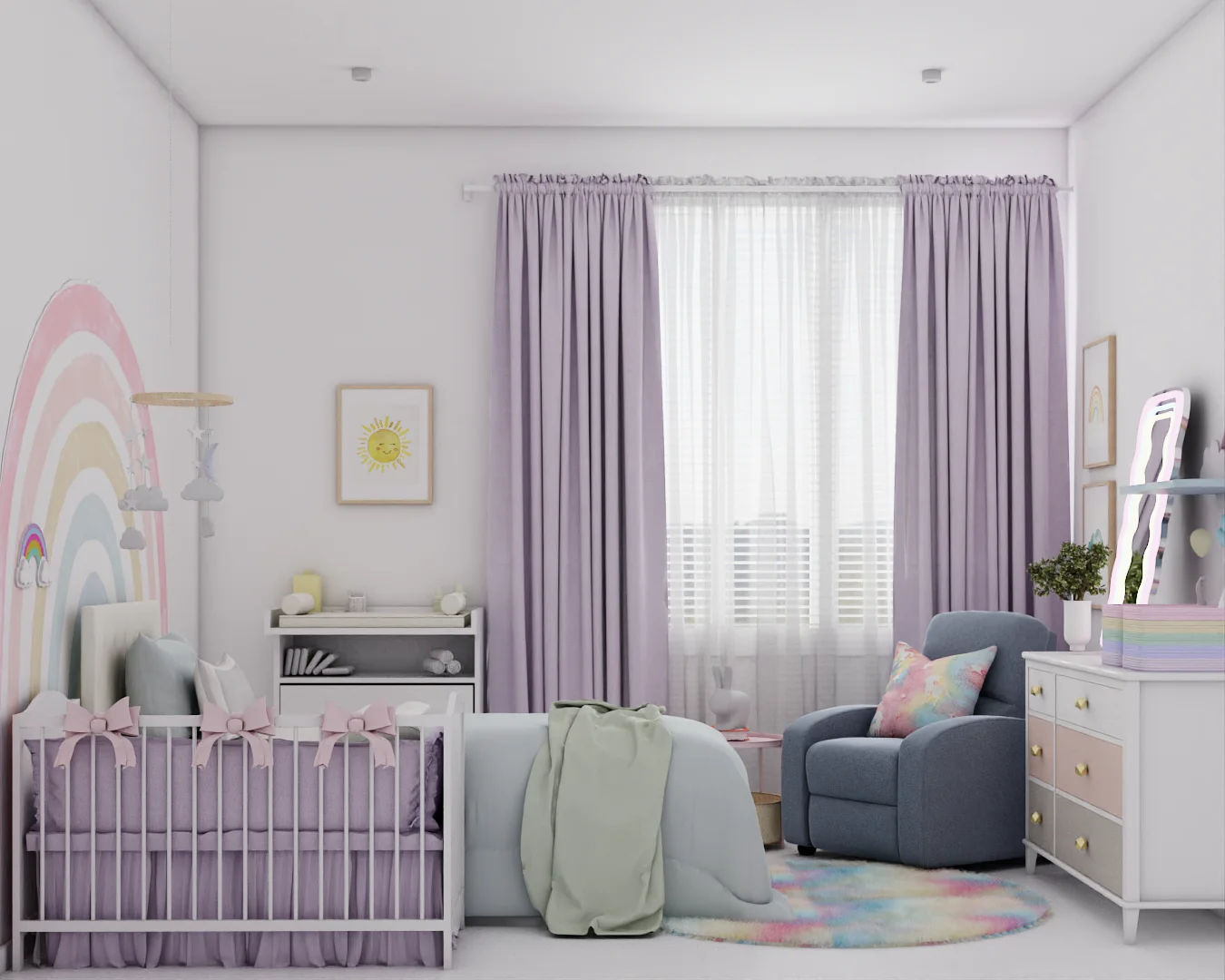 Lavender nursery with pastel rainbow mural, white crib with pink bows, slate blue rocker, and cloud wallpaper