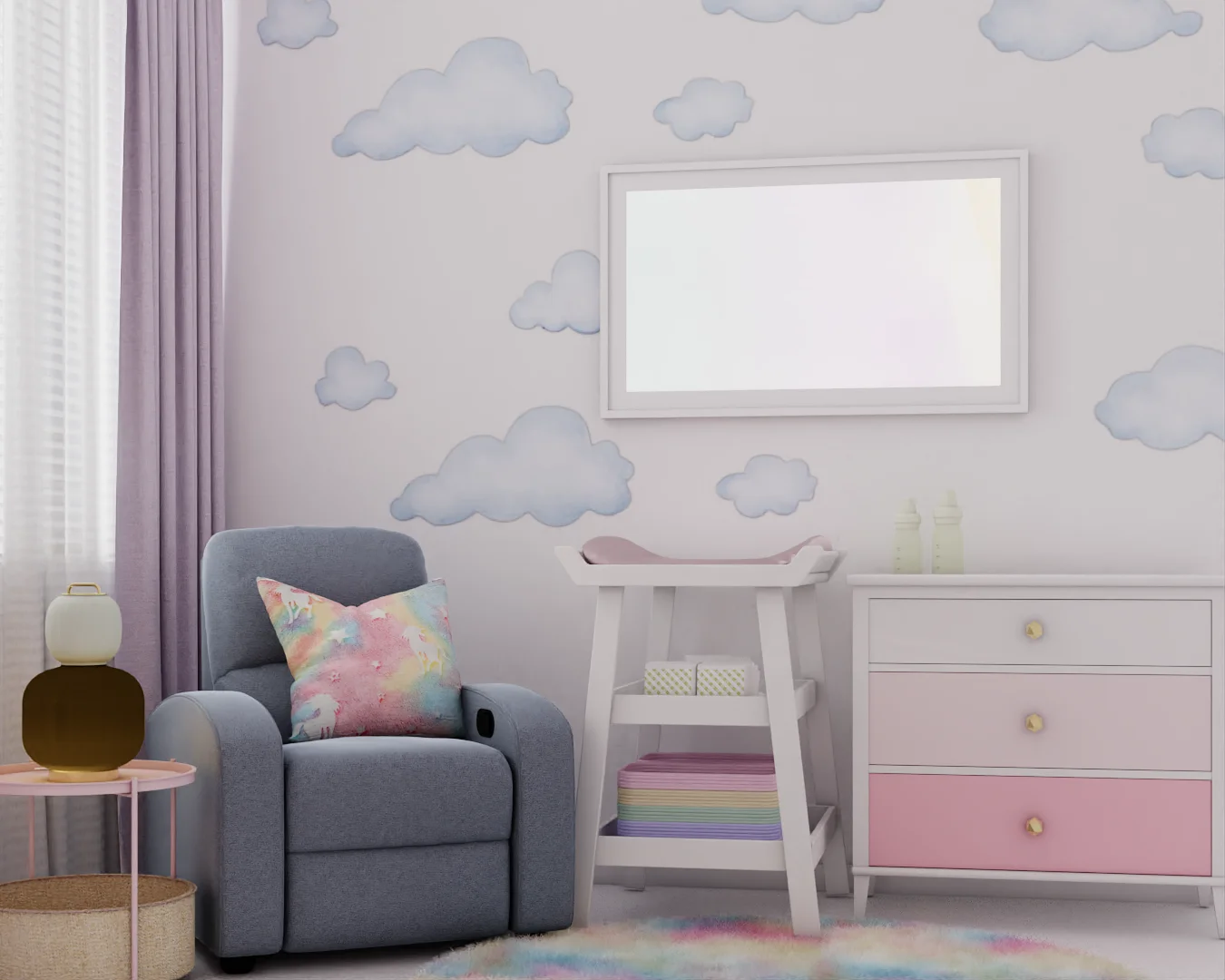 Accent wall covered in watercolor cloud wallpaper with rocker, changing table, and pink dresser visible